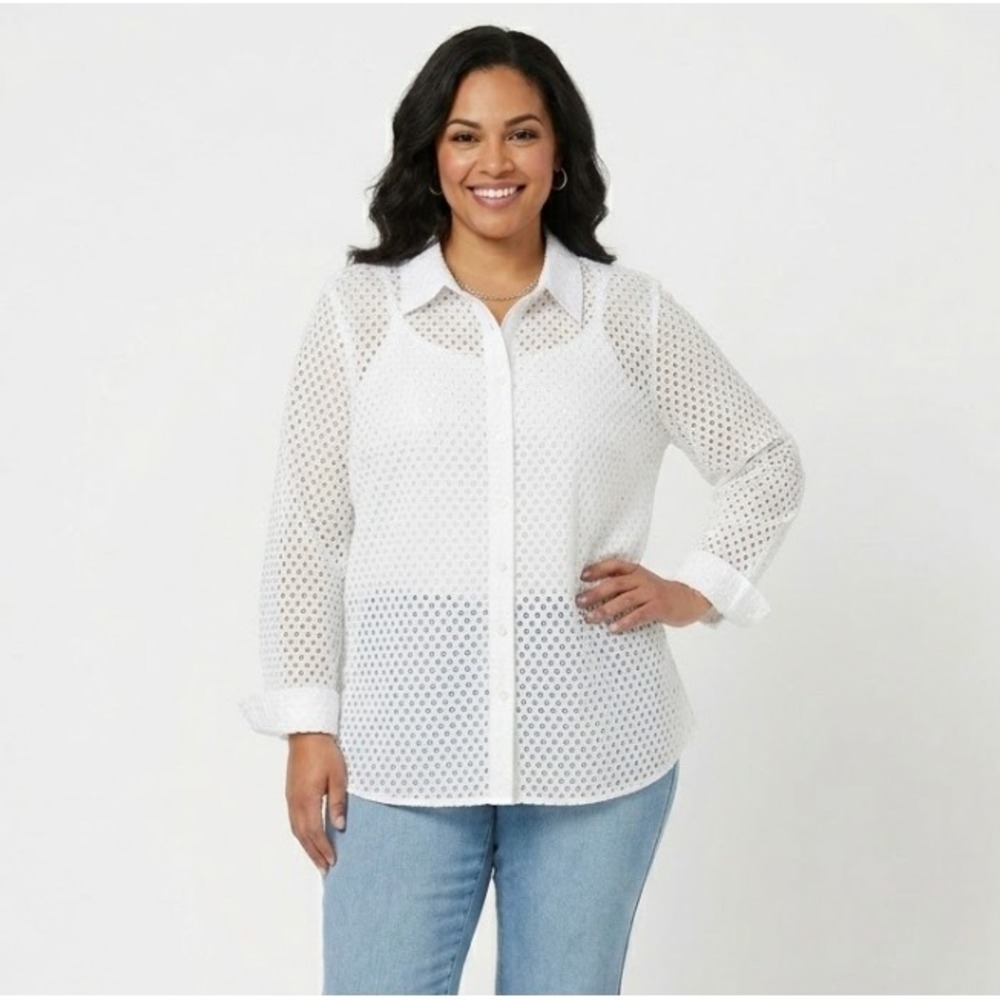 Denim & Company Eyelet Button Down Shirt 1X White‎ Long Sleeve Feminine